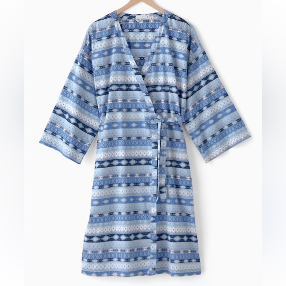 Garnet Hill Blue/White Washed Pima Sateen Kimono Robe Size XS